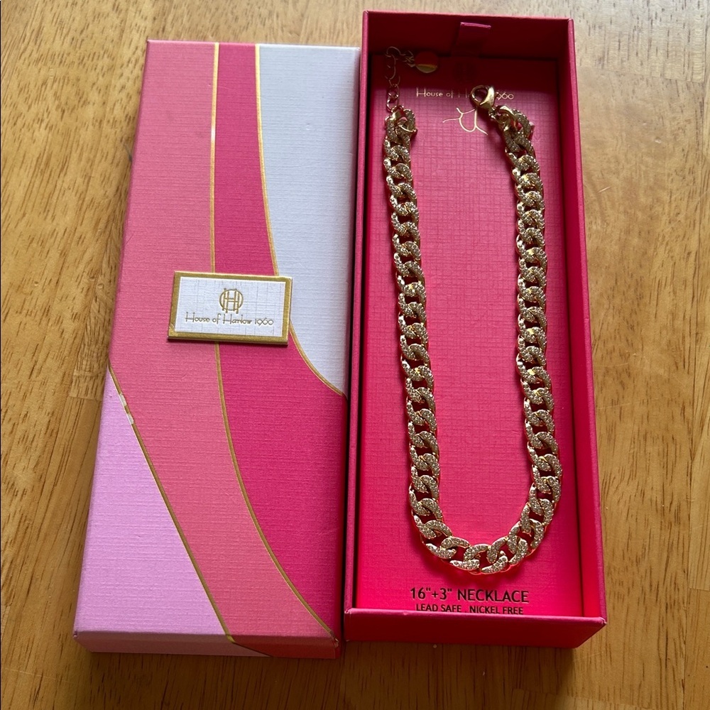 House of Harlow 1960 Gold Chunky Link Necklace with Pink Box